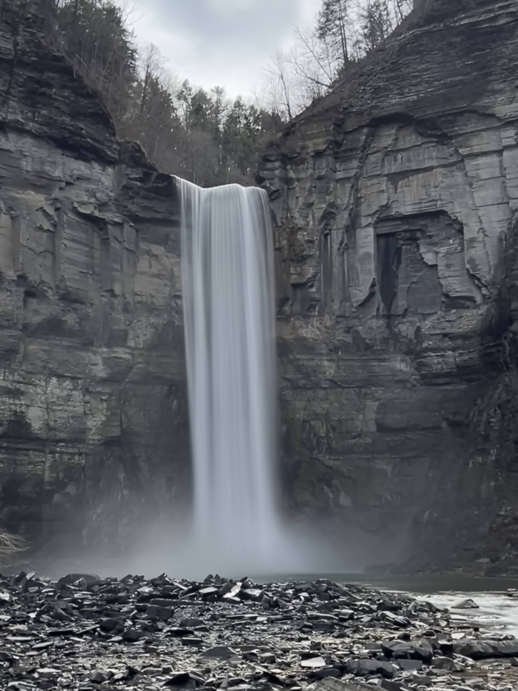 A towering waterfall plunges into a vast, tree-lined gorge at Taughannock Falls State Park.